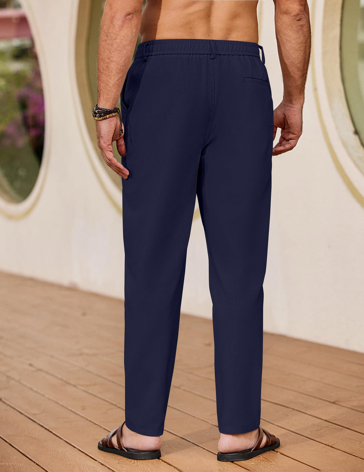 Pantaloni de in pentru bărbați lejeri de vară cu șnur în talie – Bleumarin XXL