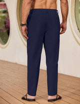 Pantaloni de in pentru bărbați lejeri de vară cu șnur în talie – Bleumarin XXL