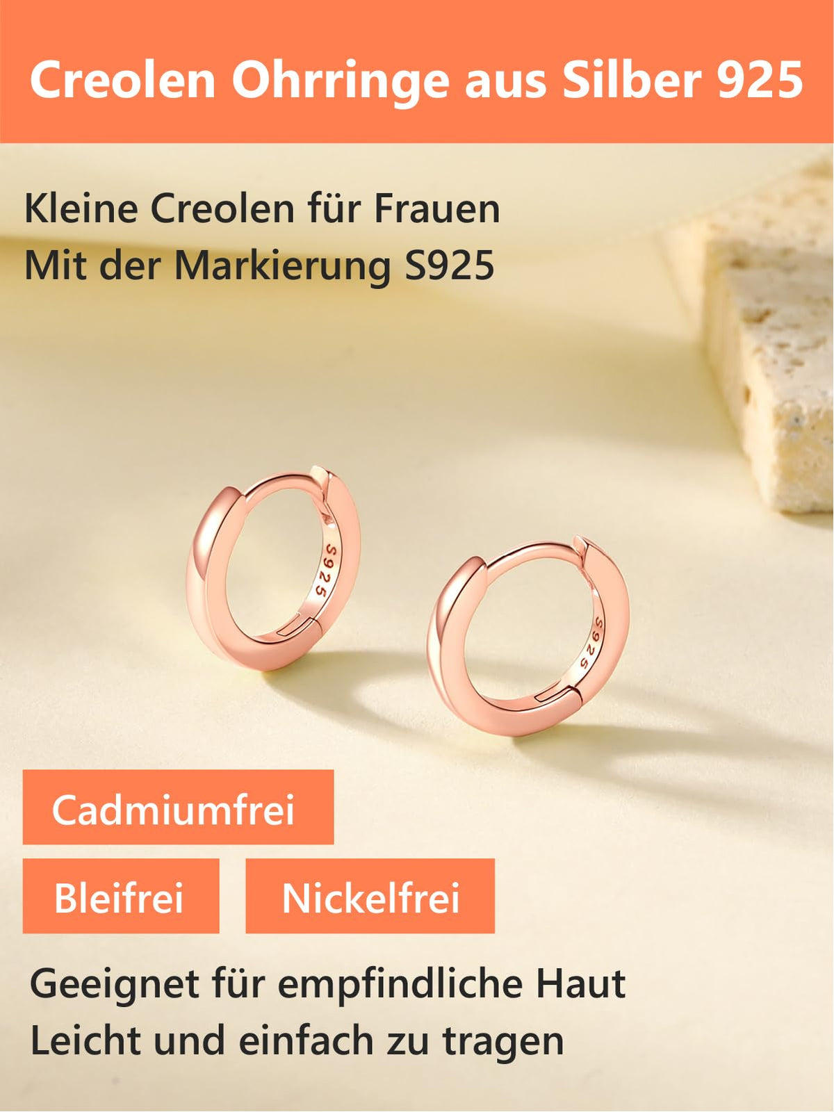 8mm Mini Hoop Earrings 925 Sterling Silver Hypoallergenic Huggie – Rose Gold