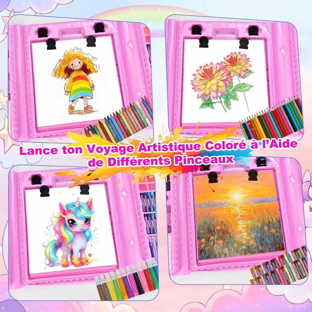 Children's 230+ Piece Colouring & Drawing Case with Oil Pastels & Watercolour Pens – Unicorn Ages 3–10