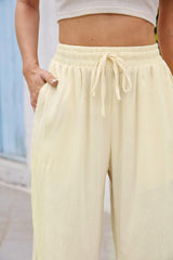 Women’s Wide Leg Palazzo Trousers Lightweight with Pockets – Beige L