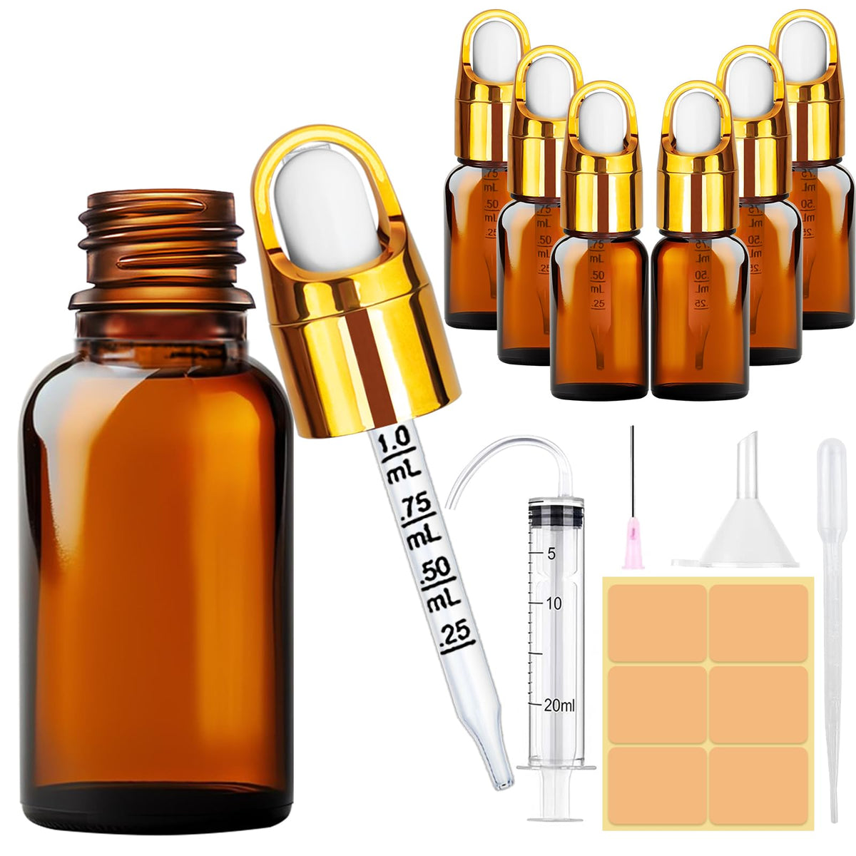 Sticluțe din sticlă brună cu pipetă picurătoare 10ml cu pâlnii și seringi, set 6 bucăți