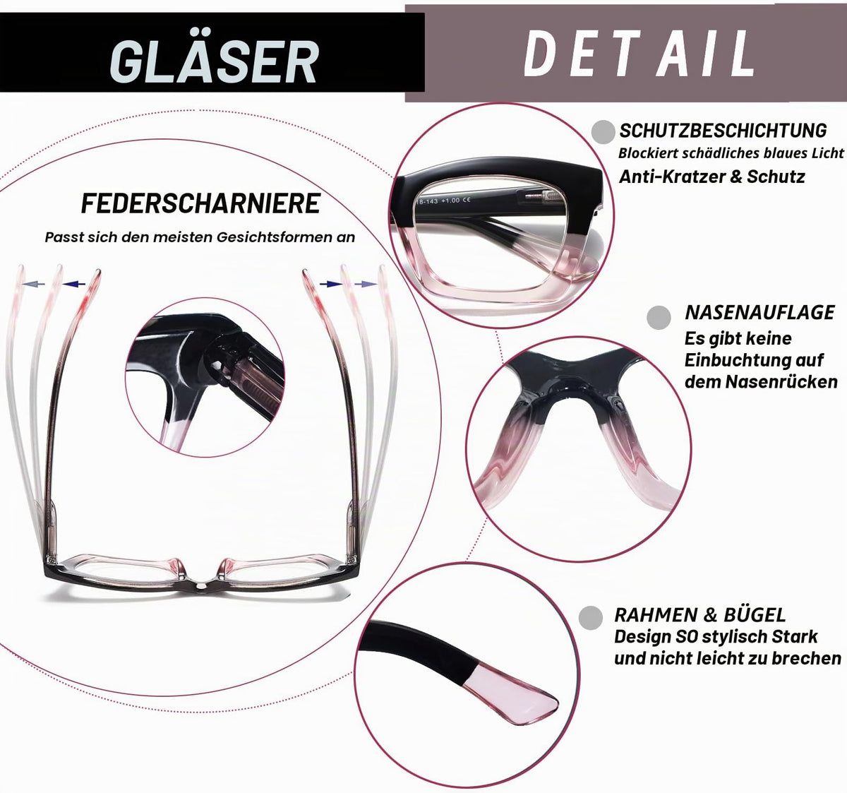 Ochelari de citit cu protecție lumină albastră dioptrie +3.00 – Negru/Roz/Tortoise