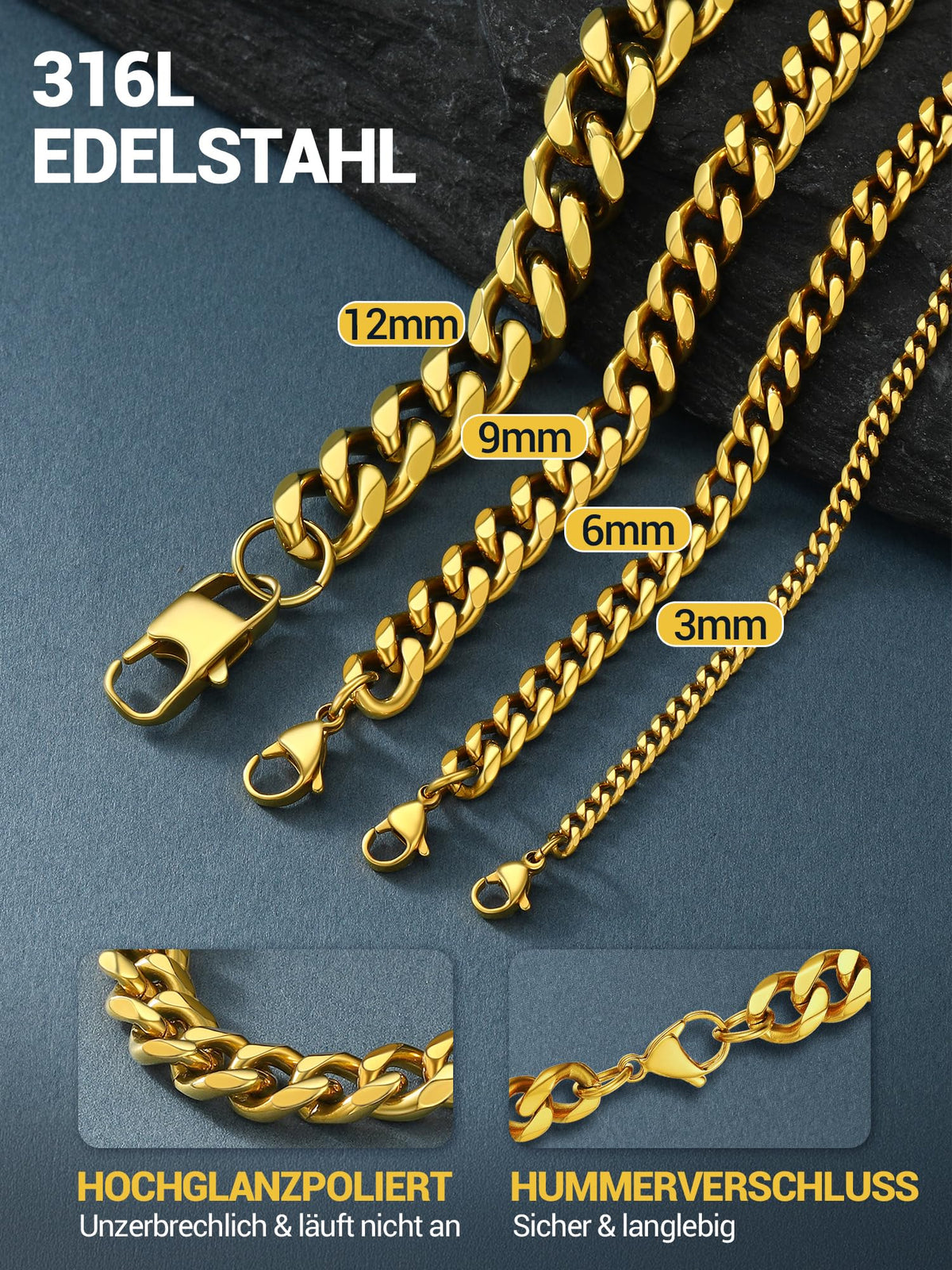 Lanț bărbătesc placat cu aur de 18K model zale lățime 6 mm lungime 51 cm stil Hip Hop