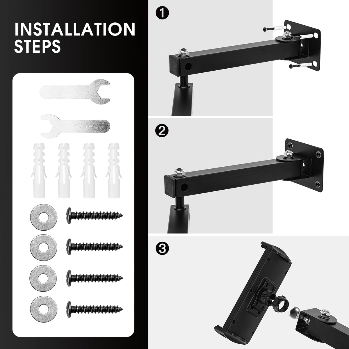 Suport de perete reglabil și retractabil pentru tabletă 4-13 inch RUIFUO rotire 360° – Negru