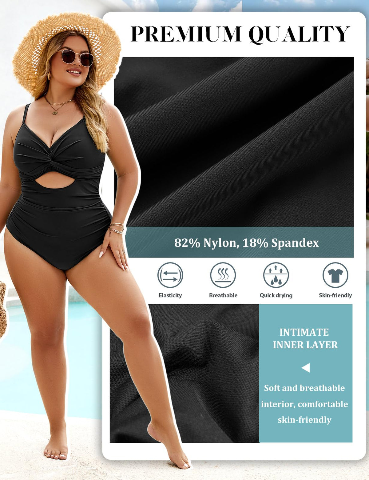 Vancavoo Swimsuit Women Tummy Control Plus Size Push Up Swimwear One-Piece Swimsuits with Underwire Sexy V Neck One Piece Swimsuits Swimwear, Black, L
