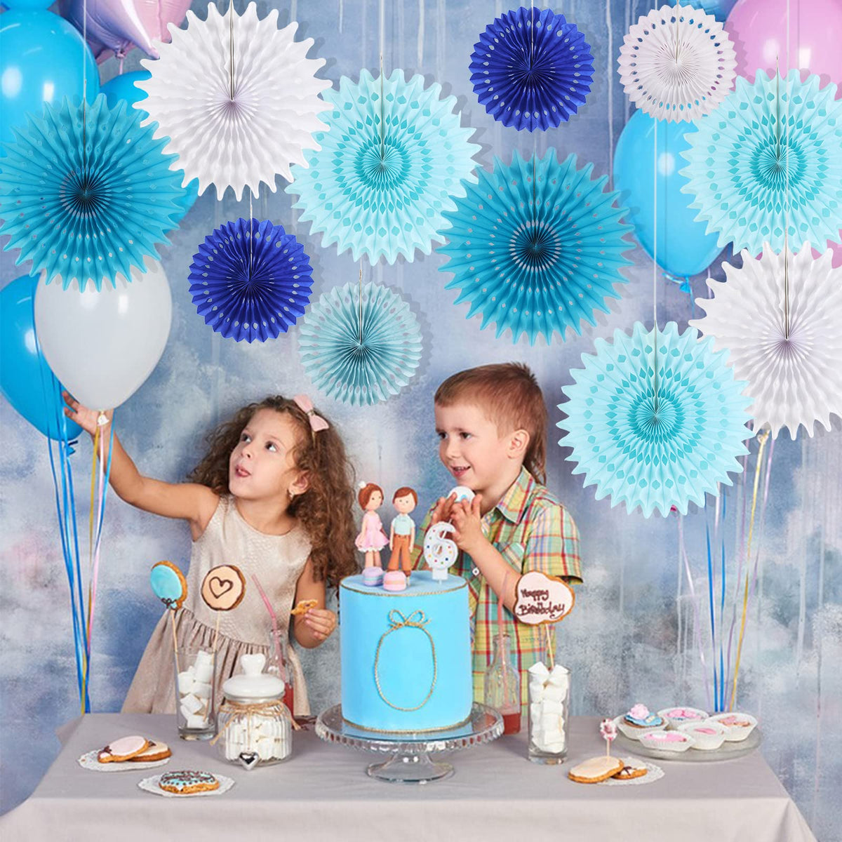 Paper Fan Garland 13-piece Hanging Party Decoration - Blue & White