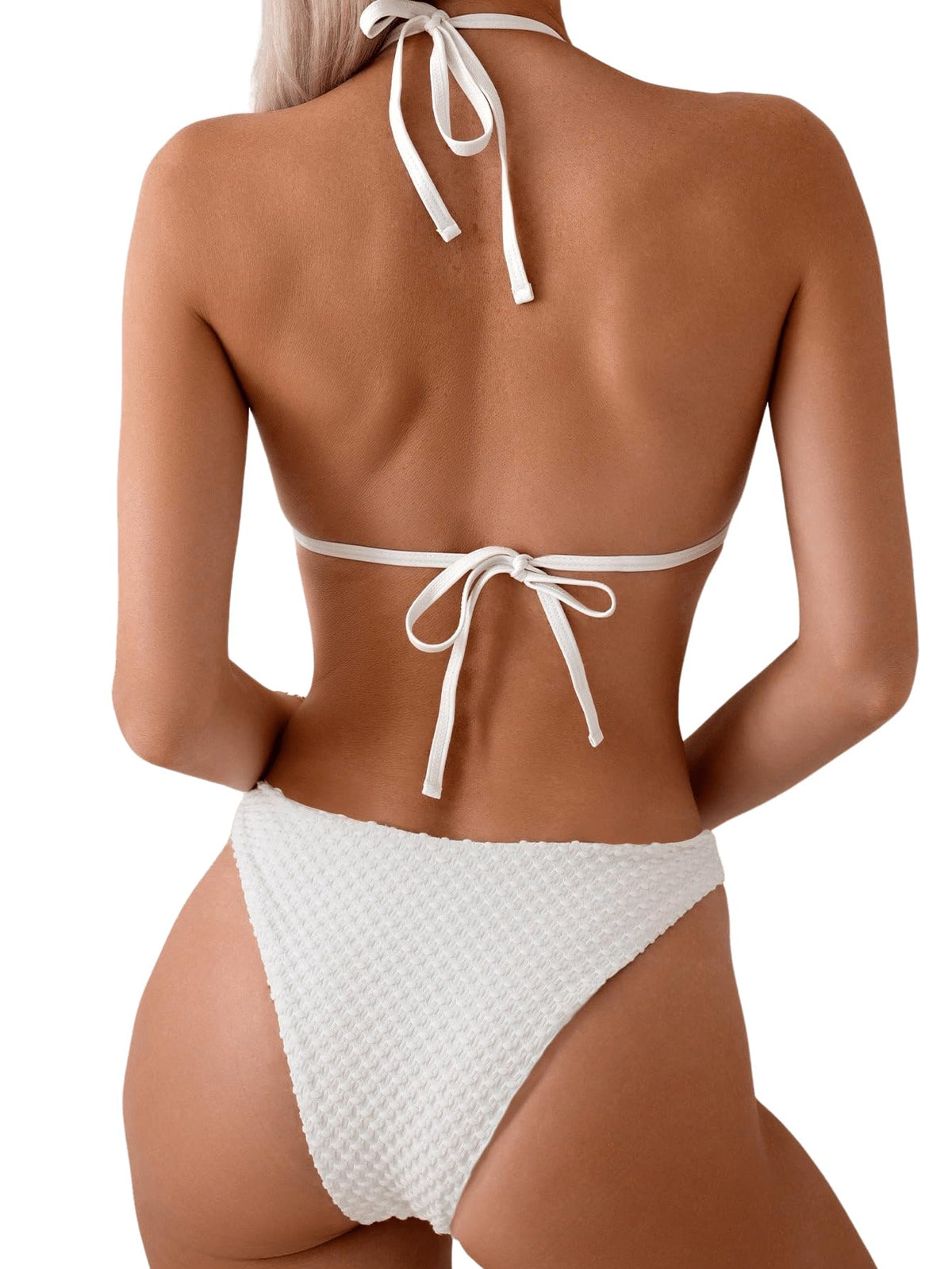 Costum de baie două piese GORGLITTER triunghi halter cu lanțuri și perle – Alb M