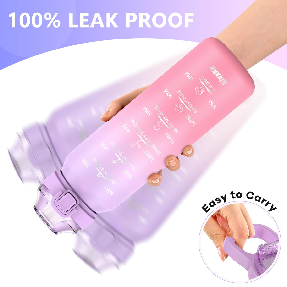 SLUXKE drinking bottle stainless steel 1 liter with time marking, 1L thermos flask with premium leak-proof lid for hot, carbonated and cold drinks PURPLE PINK