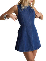 Women's Denim Mini Dress Backless A-Line Summer – Blue L
