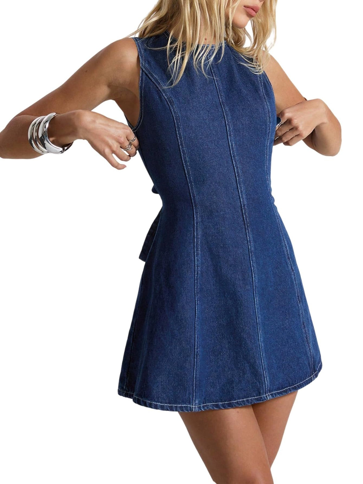 Women's Denim Mini Dress Backless A-Line Summer – Blue L