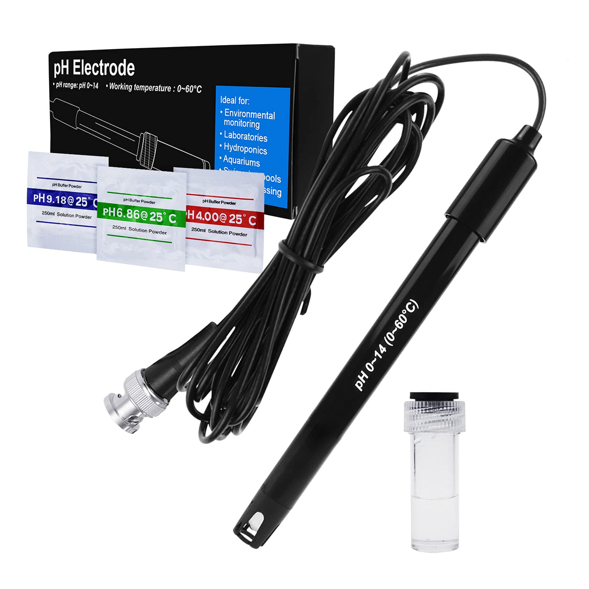 Electrod sondă pH de înaltă precizie 0-14 pH cu conector BNC și pulberi de calibrare