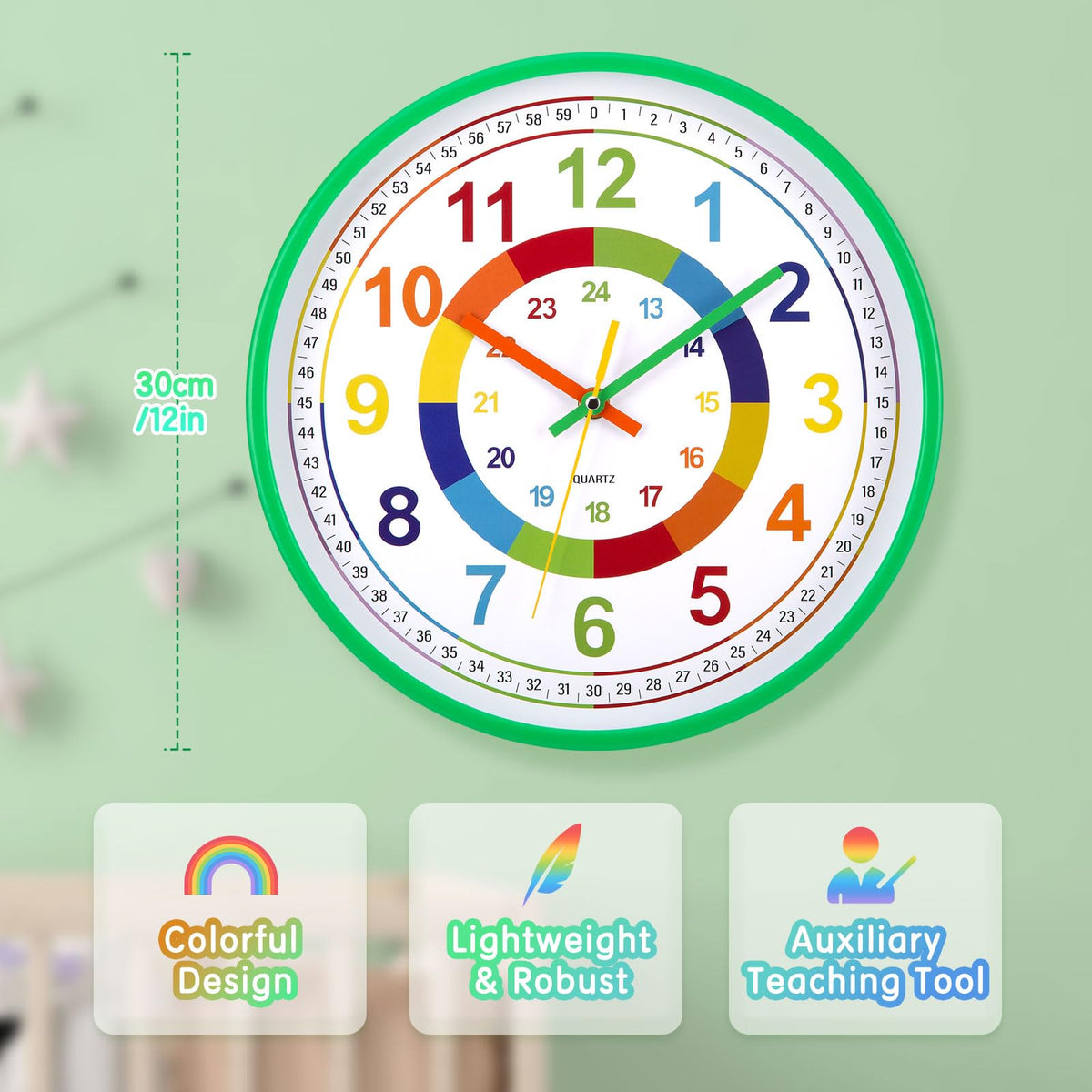 Children’s Wall Clock Silent 30cm Easy-Read Colourful Large Dial Learning Clock for Bedroom – Green