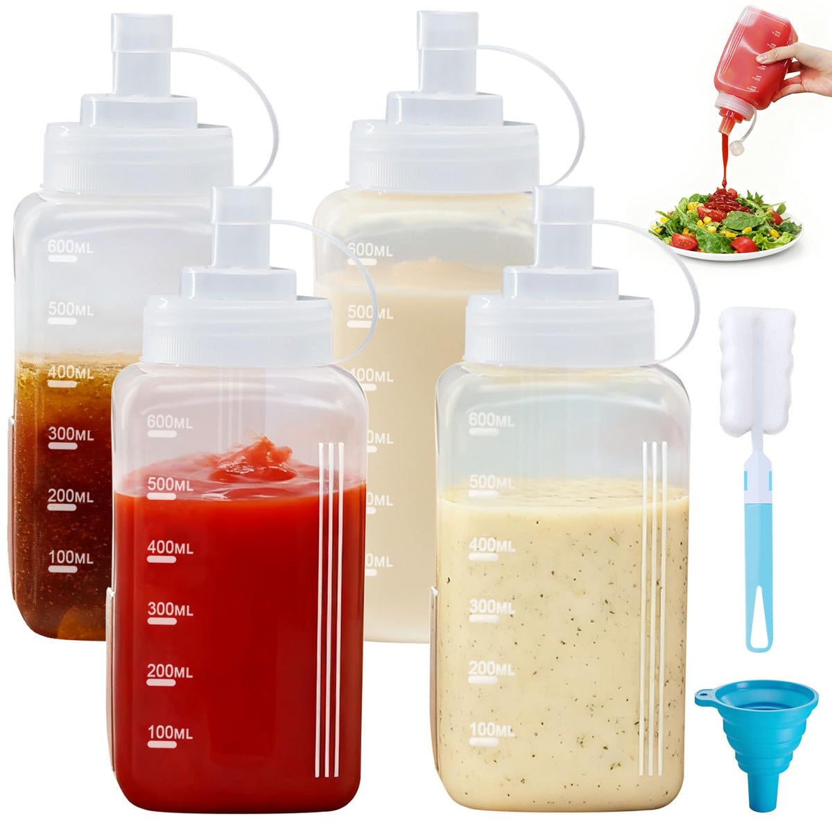 Squeeze Bottles Wide-Mouth 600ml 4-Pack Dispensing Bottles – Clear 600ml