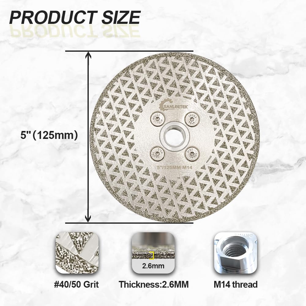 Diamond cutting disc 125mm galvanized saw blades - for cutting and grinding granite, marble, ceramic, porcelain stoneware, tiles, quartz M14 thread SANLEETEK