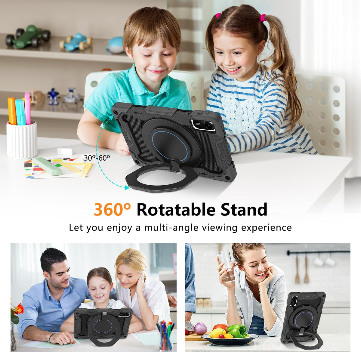 Xiaomi Redmi Pad 2 Case 11in Heavy Duty Shockproof with Screen Protector & 360° Rotating Stand – Black