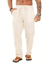 Pantaloni lejeri de vară din in pentru bărbați cu șnur și buzunare – Bej 4XL