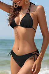 Costum de baie damă croșetat două piese halter din bumbac 100% – Negru XXL