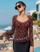 Women's Long Sleeve Mesh Blouse Sheer Round Neck Printed – Brown S
