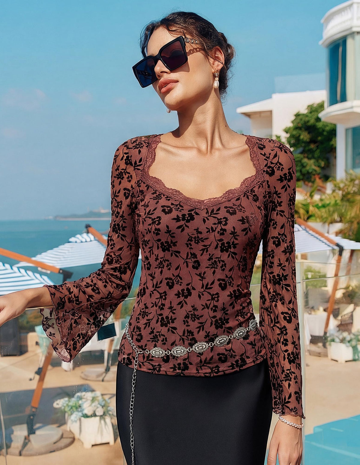 Women's Long Sleeve Mesh Blouse Sheer Round Neck Printed – Brown S