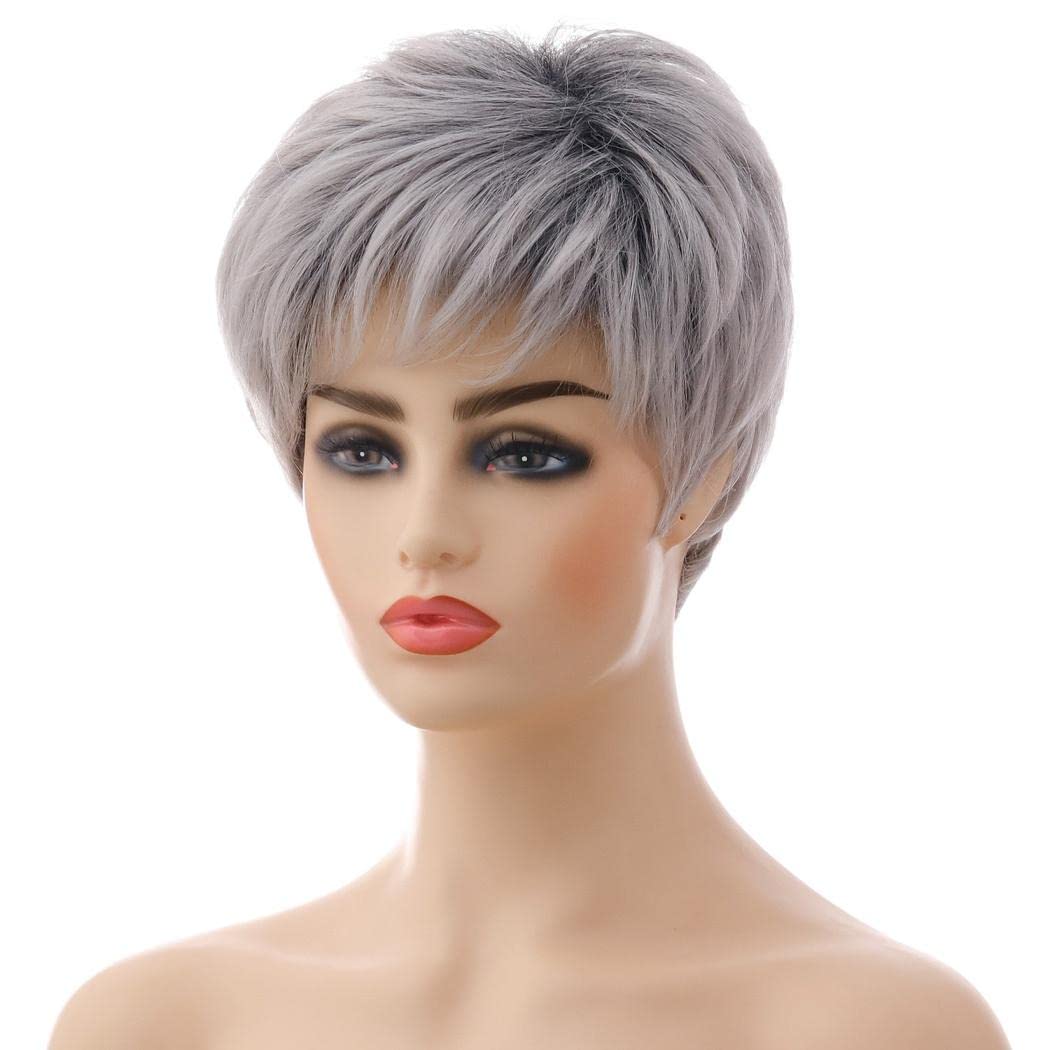 Perucă scurtă gri stratificată cu breton Pixie Cut termorezistentă AIYLMZ – Gri