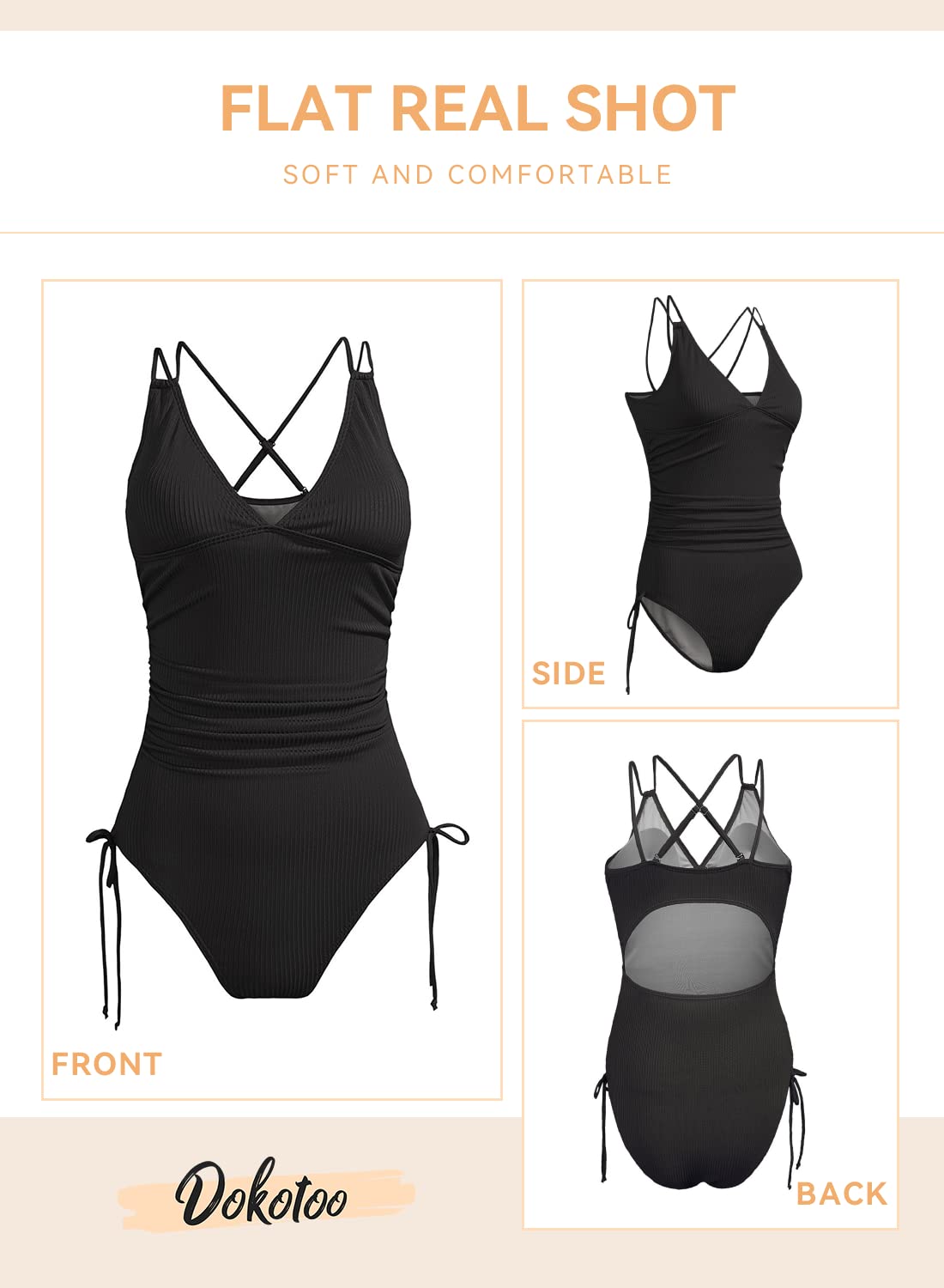 Costum de baie întreg damă decolteu în V și spate gol Dokotoo – Negru XL