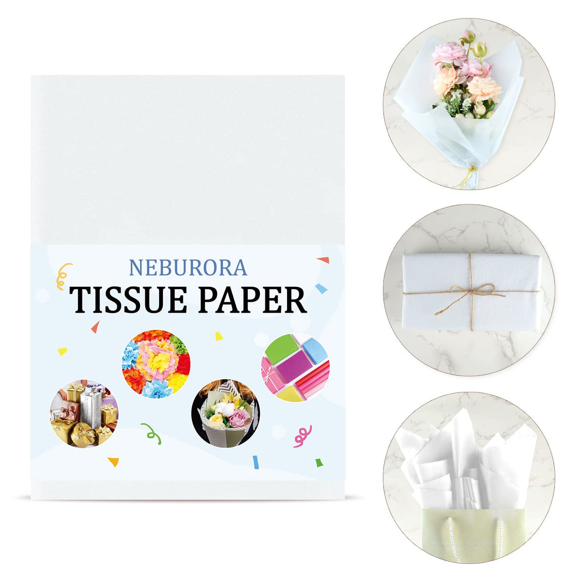 NEBURORA 120 Sheets White Tissue Paper 35 x 50 cm White Gift Wrap Loose White Gift Wrap Sheets for Gift Bags Packaging Flower Fillers Crafts Birthday Christmas Wedding Decoration (White)