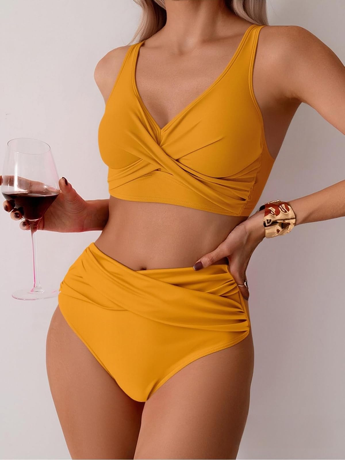 Costum de baie damă din 2 piese triunghi push-up talie înaltă – Galben L
