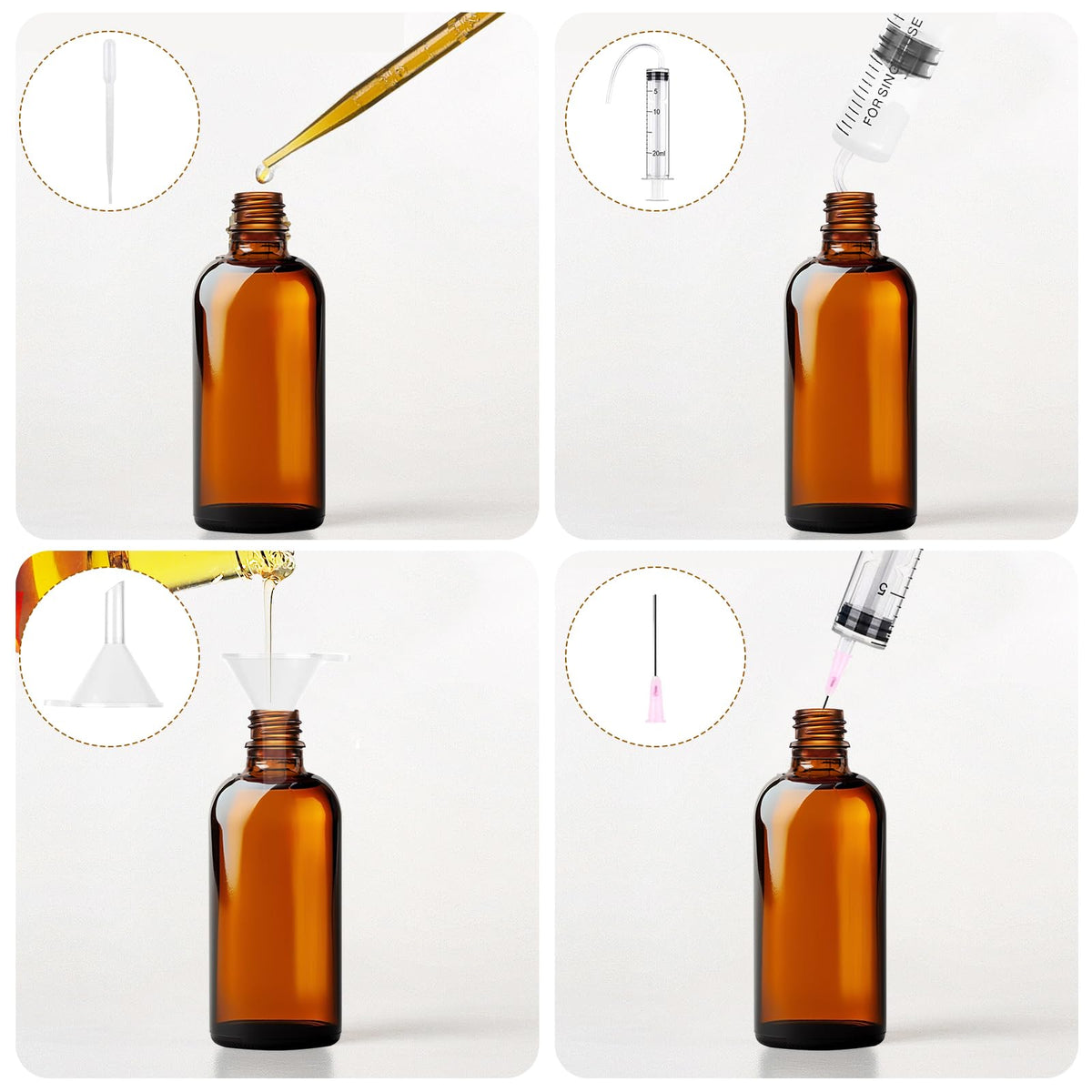 Sticluțe din sticlă brună cu pipetă picurătoare 10ml cu pâlnii și seringi, set 6 bucăți