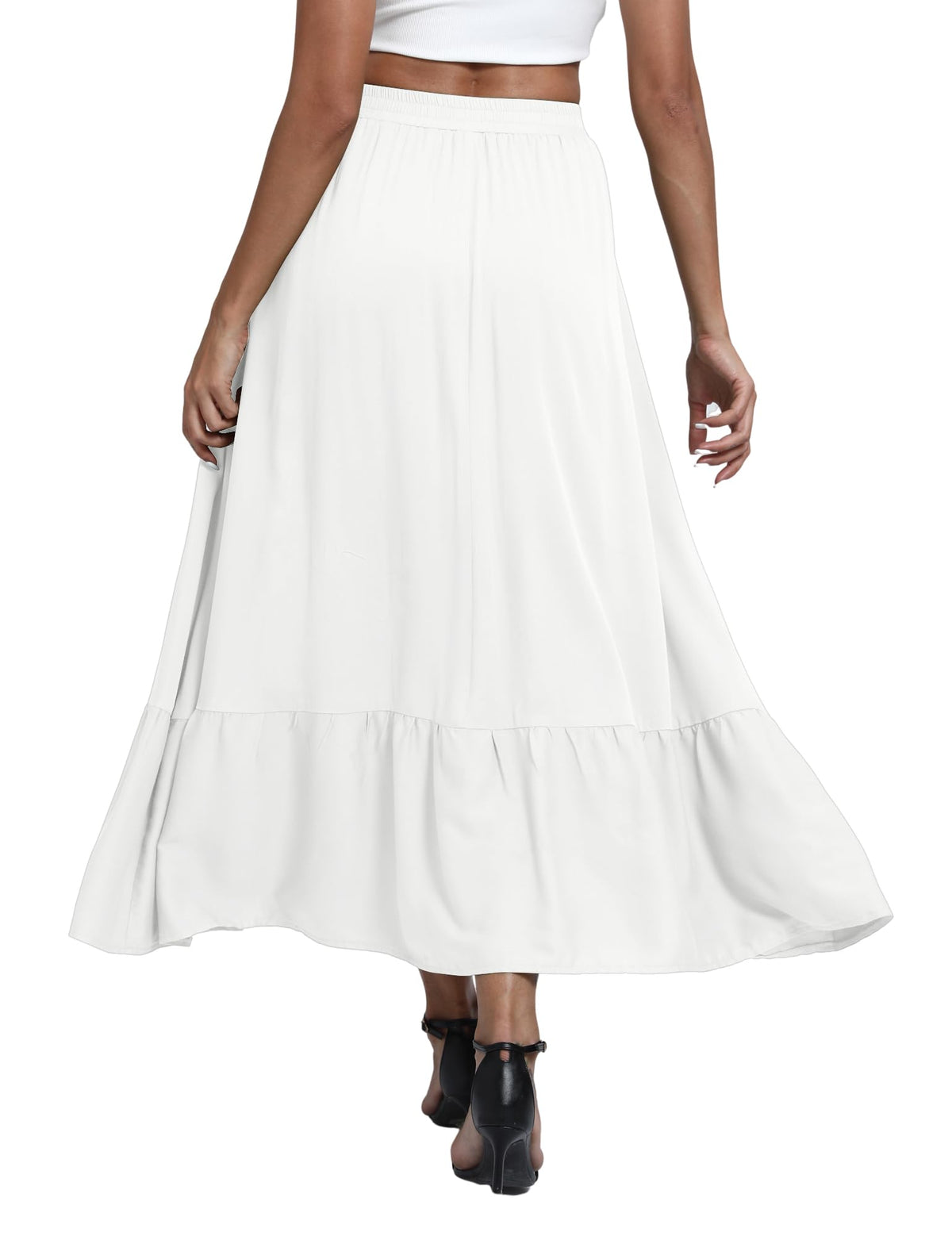 Women's Boho Ruffled A-Line Maxi Skirt Elastic Waist with Pockets – White S