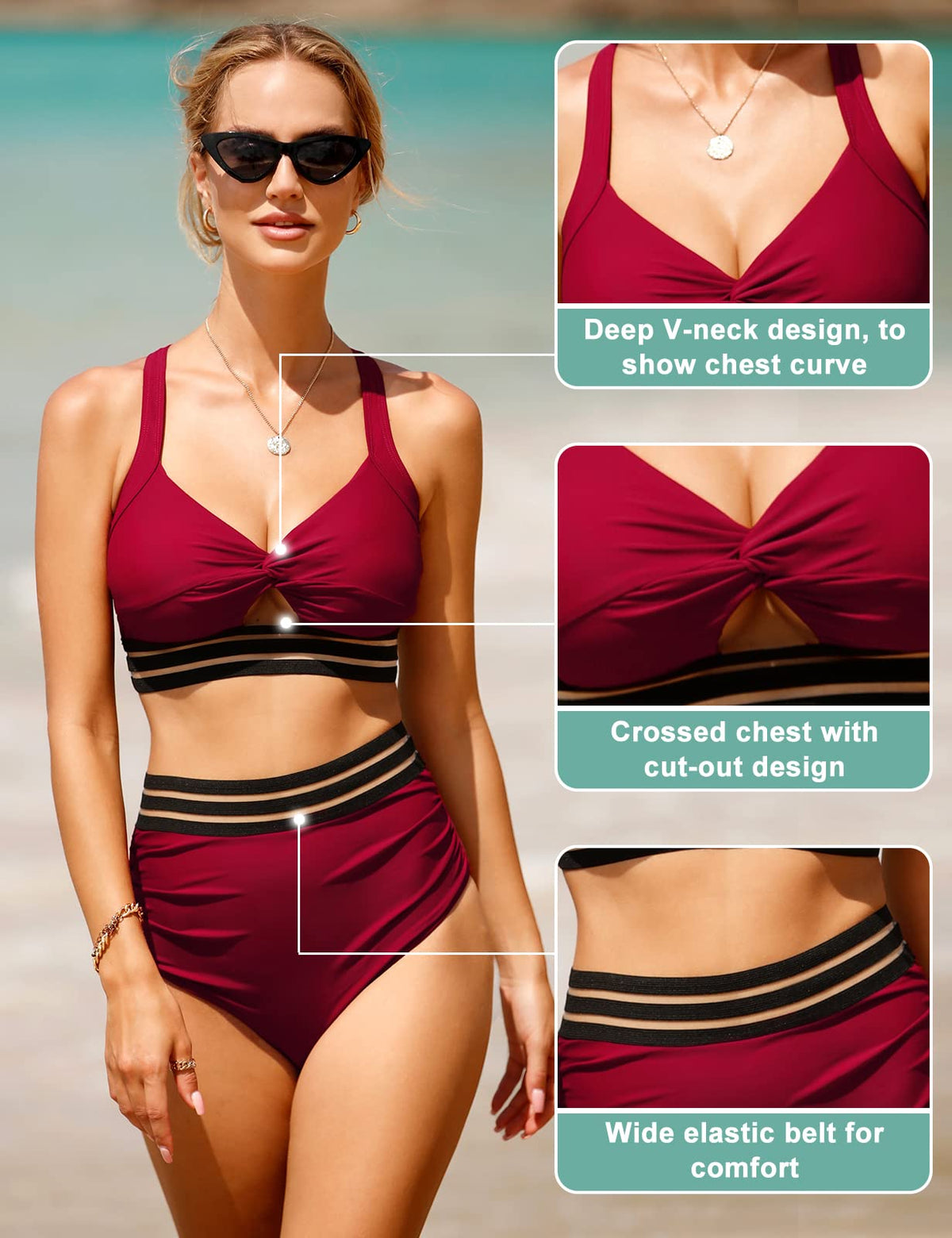 UMIPUBO Women's Bikini Tummy Control High Waist Push Up Bikini Sets Back Cross Swimsuit Big Breasts Swimwear Sexy Bathing Suit Beach Bikini (Wine Red, M)