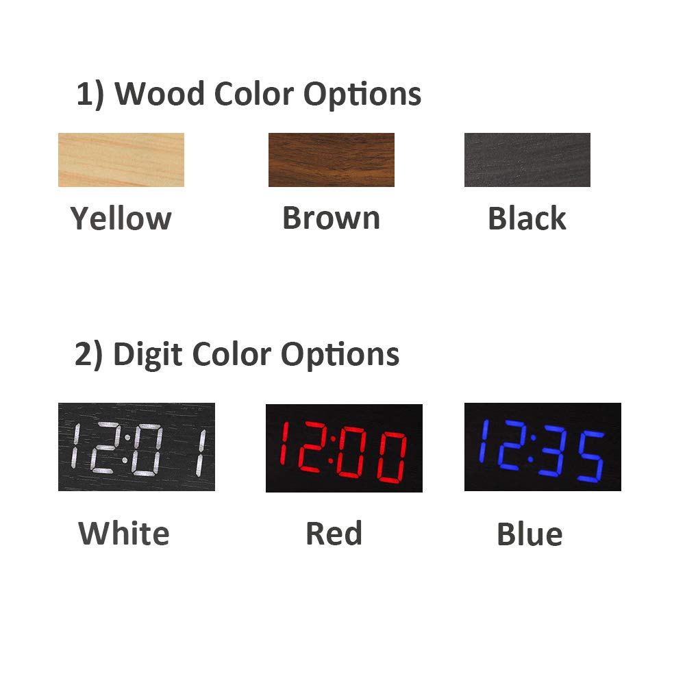 Lancoon Wooden Digital Clock - Multifunctional LED Alarm Clock with Time/Date/Temperature Display and Voice Control for Home Office Travel - AC11Brown_Red