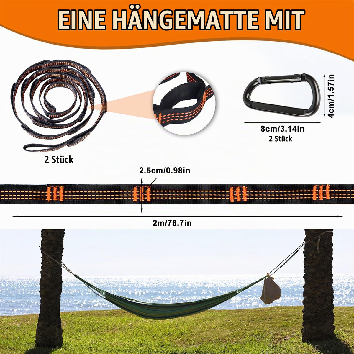 Hammock Suspension Straps 2-Pack with Hook Carabiners for Trees Camping – Black