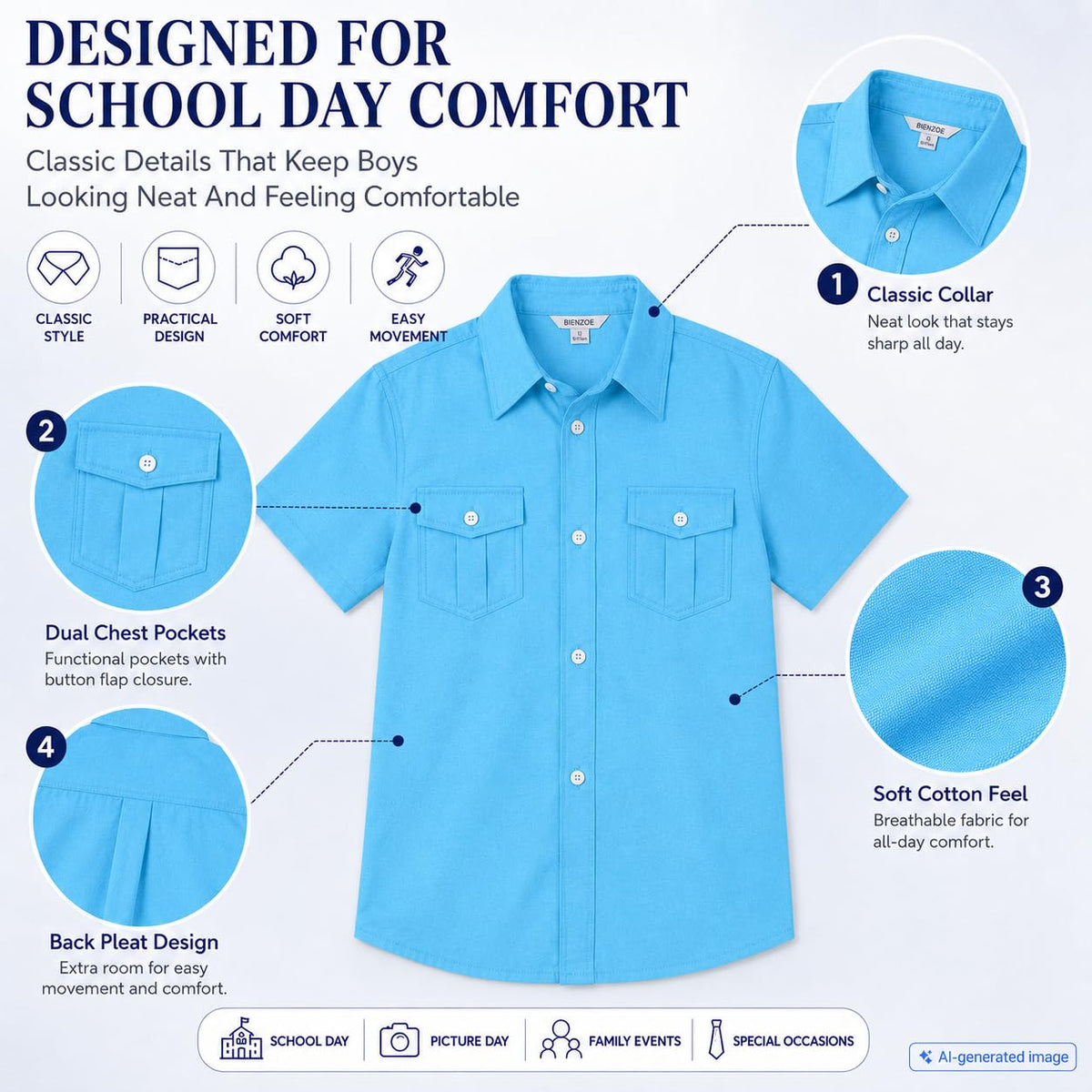 Boys' Short-Sleeve School Shirt Button Placket Casual – Ocean Blue 12