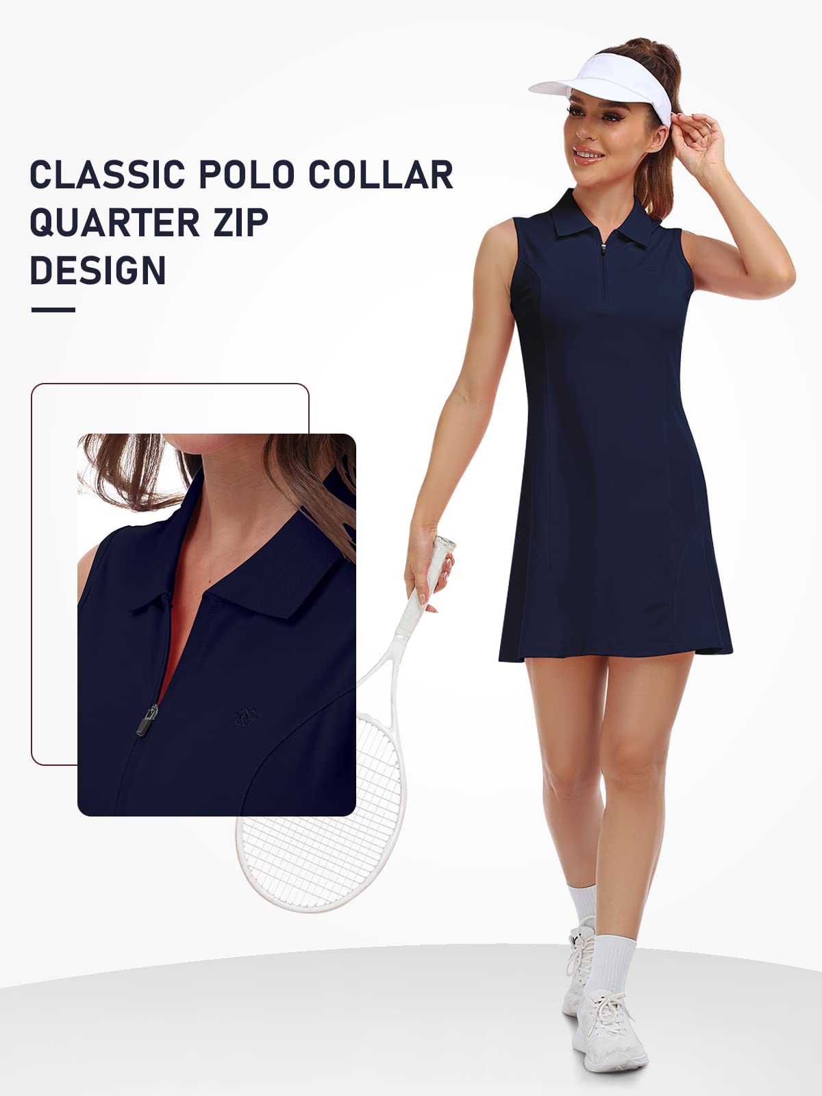 MoFiz Sports Dresses Women's Tennis Golf Dresses Sleeveless Summer Casual Dresses Cotton Polo Dress with Zipper Navy Blue XL