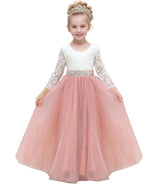 Flower Girl Tulle Princess Dress Lace V-Back Tutu Ball Gown with Sash - Pink 10-11Y
