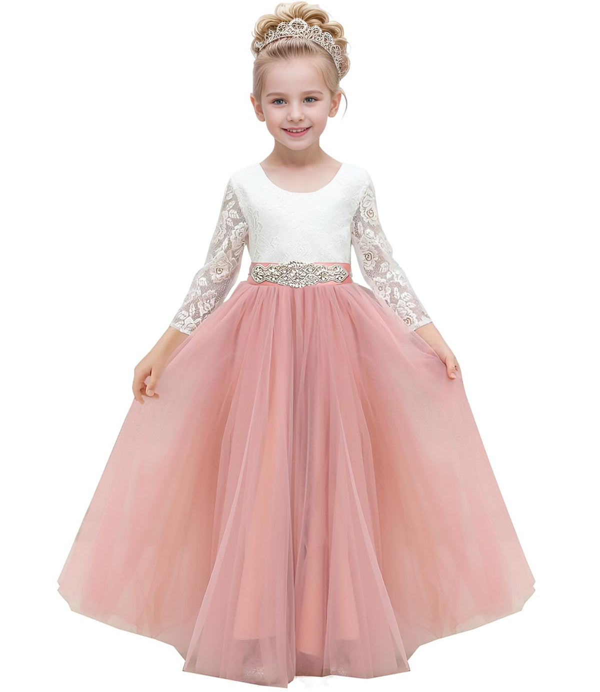 Flower Girl Tulle Princess Dress Lace V-Back Tutu Ball Gown with Sash - Pink 10-11Y