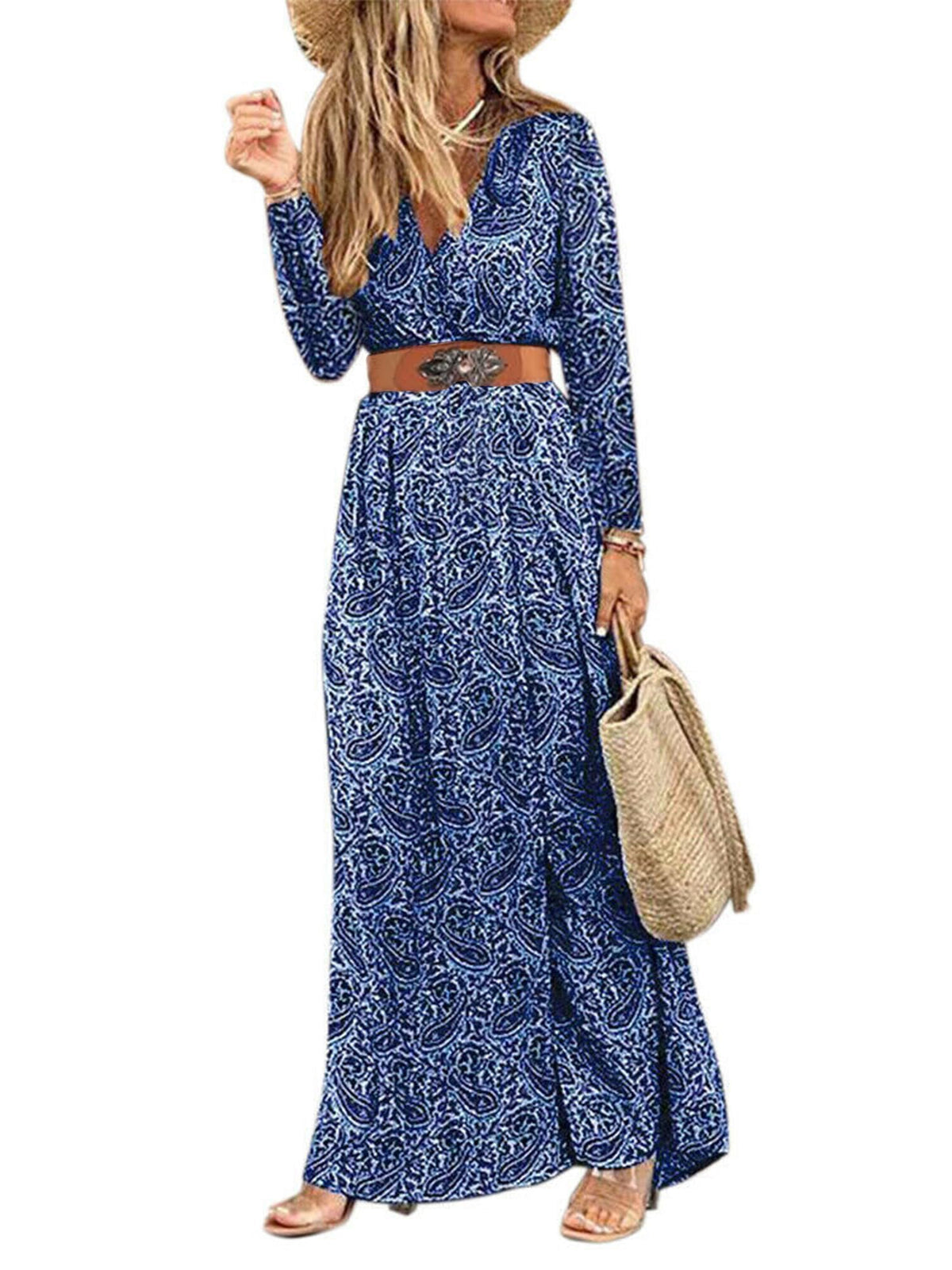 Women's Floral Long Wrap Dress V-Neck Long Sleeve Boho Beach Dress with Belt – Blue L