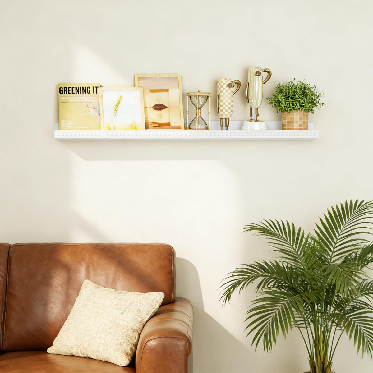 Floating Wall Shelves Set of 2 40cm with Lip Wooden Beads Modern – White