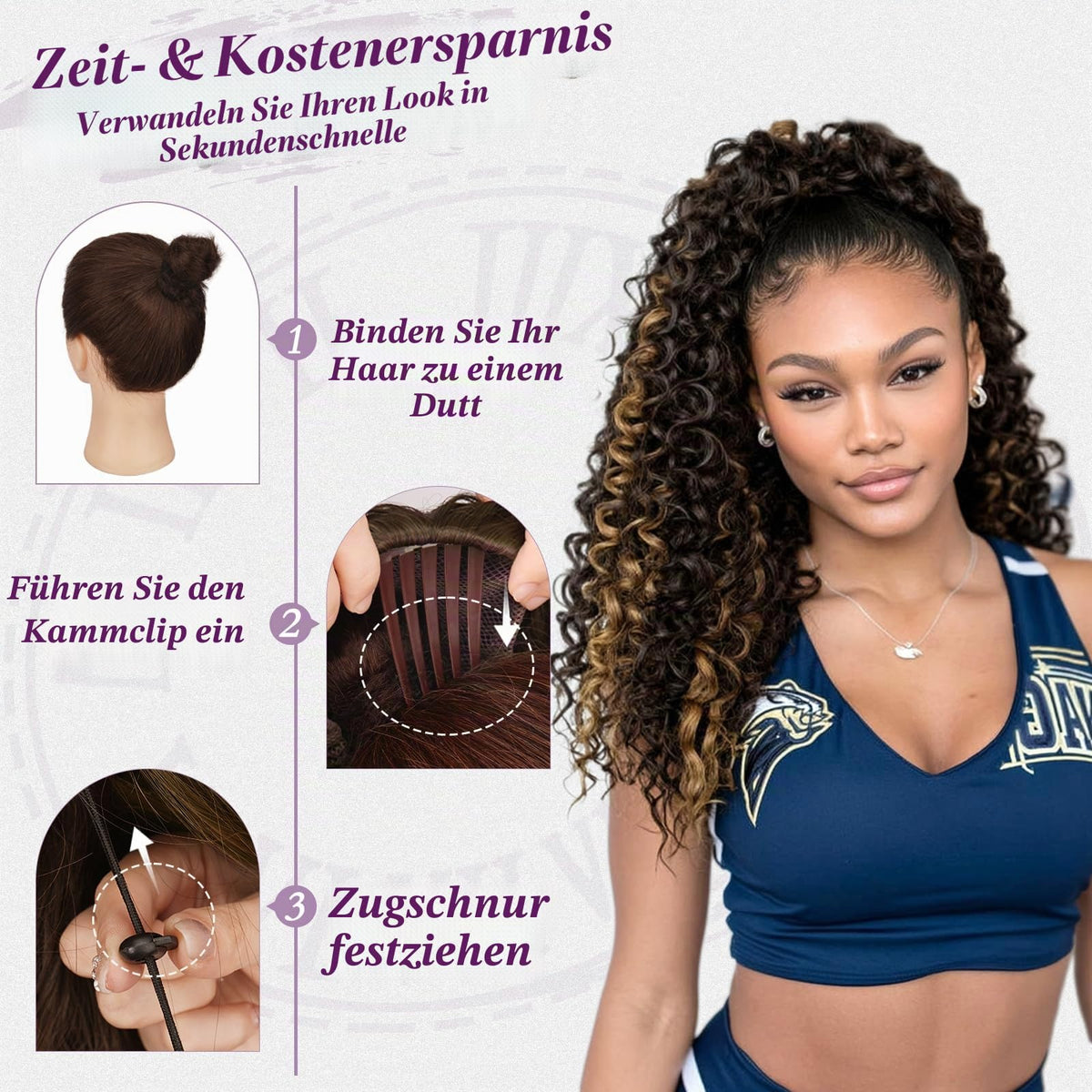 Curly Ponytail Extension 45cm Drawstring Comb Clip – Black Brown with Highlights