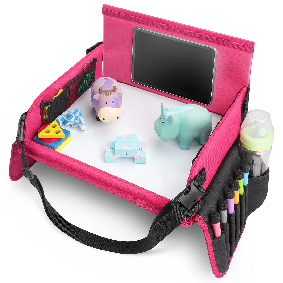 INFIVITA Lap Tray Travel Table Tray for Children Play with Erasable Drawing Board & 6 Colored Pencils for Play and Dining Table Play Table Car Seat Table for Buggies, Strollers, Car, Plane, Train