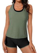 Costum de baie tankini sportiv din 3 piese damă cu talie înaltă – Verde L