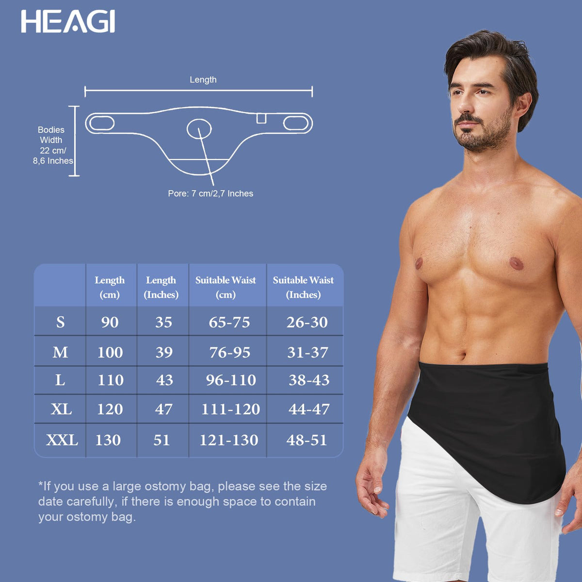 Centură de susținere reglabilă pentru pungi stomice Heagimed cu buzunar interior, bărbați și femei – Negru XL (99.1 cm)