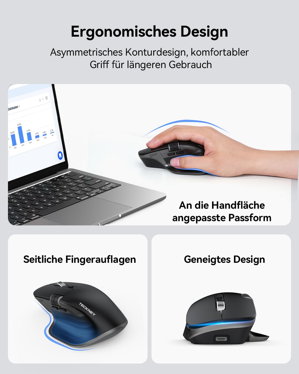 TECKNET Bluetooth Wireless Mouse Ergonomic Rechargeable 4800 DPI Silent – Black