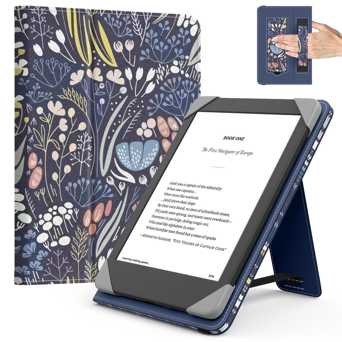 MoKo 6-inch E-reader & Tablet Case PU Leather Folio, Hand Strap & Stand – Night Blue