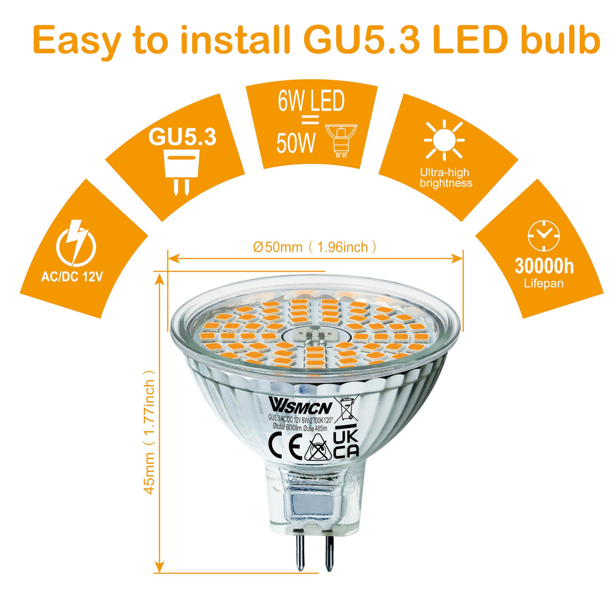 Becuri LED MR16 GU5.3 6W 12V 2700K lumină caldă unghi 120 grade, set 6 bucăți