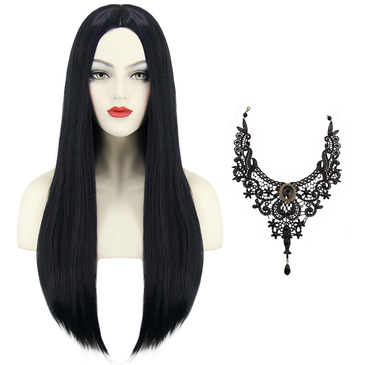 Women's Long Straight Black Wig with Necklace – Addams Costume Halloween
