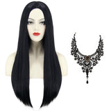 Women's Long Straight Black Wig with Necklace – Addams Costume Halloween