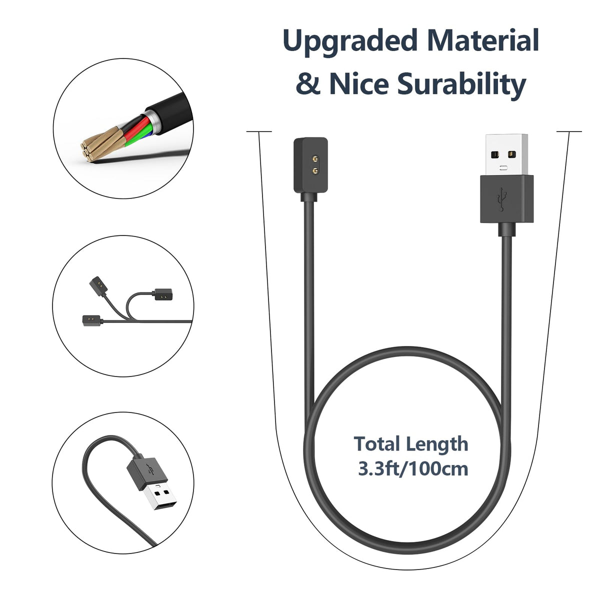 Watch USB Charger Cable for Redmi Watch 3 Active 100cm Fast Replacement - Black