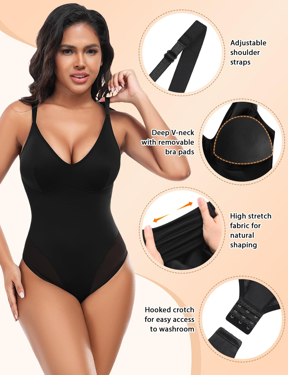 Body modelator sculptant Niwicee cu decolteu în V și bretele reglabile – Negru XXL